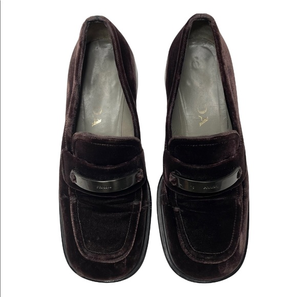 Prada | Y2K 90’s Vintage Brown Velvet Square Toe Chunky Logo Loafers 35.5 - Picture 8 of 12